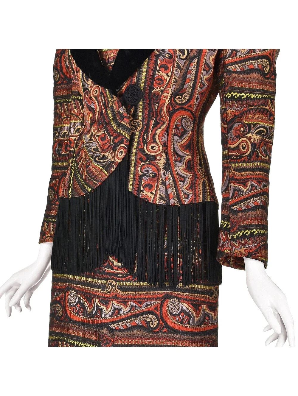 ZANDRA RHODES Rare '80s Jacquard Suit w/Velvet Lapels & Long Black Fringe, SZ SM - Picture 4 of 9
